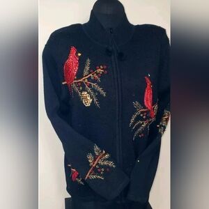 Women Tiara International Christmas collection 2004 zip up cardinal bird sweater
